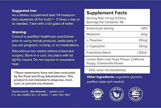 EIRO Silent Sleep │ ­All Natural liquid Sleep Aid Remedy with Melatonin L-Theanine Chamomile flower &amp more │ Superior Absorption │ Fast • Natural • Refresh