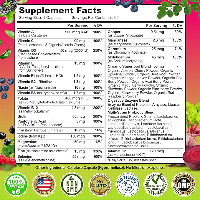 Women's Daily Multivitamin with Iron - Vegan Methylated Multivitamin for Women with Biotin Organic Superfoods Probiotics B-Complex - Energy Gut &amp Optimal Health Support – Easy to Swallow Capsu