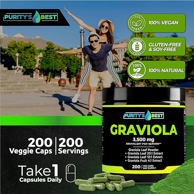 Purity's Best Graviola (Soursop) Supplement Concentrated 378 mg Formula Supports Immune Function &amp Antioxidant Protection 200 Veggie Capsules Made in USA.
