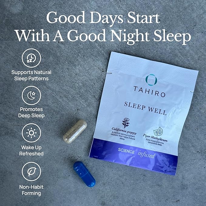 TAHIRO Sleep Well Supplement – Sleep Supplement with Kava Valerian – Non-GMO Vegan Herbal Capsules Natural Formula – 28-Packets