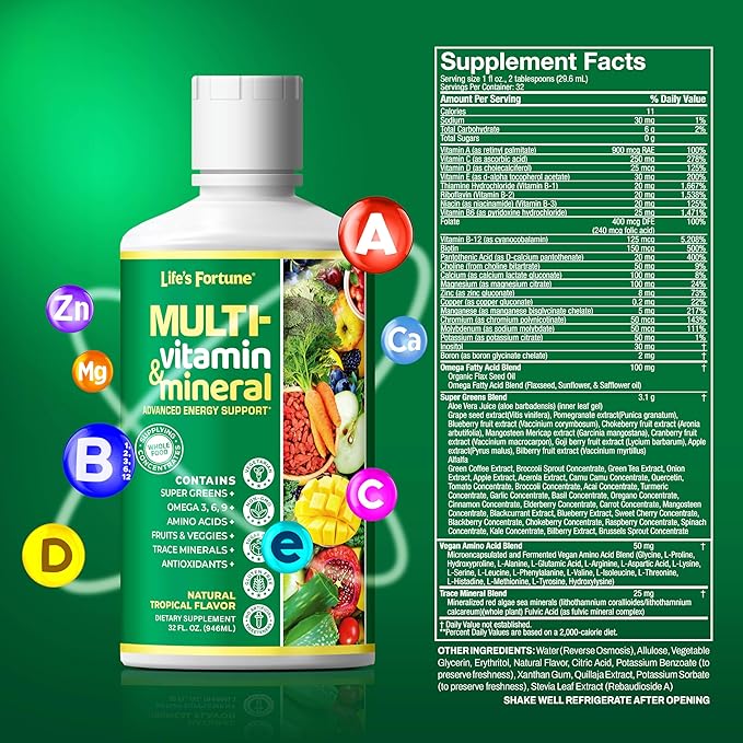 Life's Fortune Liquid Multivitamin for Adults Men &amp Women Teens – High Absorption Daily Vitamins – Trace Minerals Amino Acids with Biotin L-Arginine Potassium – Tropical Flavor Sugar Free 32