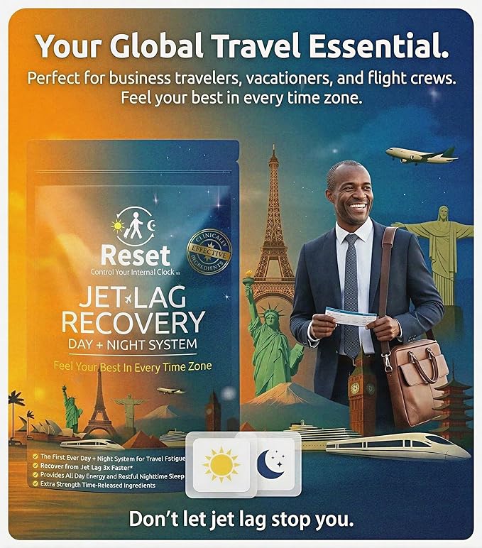 Reset Jet Lag Recovery System | Day and Night Transdermal Patches with Extra Strength Melatonin Magnesium and B Vitamins | Travel Fatigue Relief Sleep Support | Energy Boost | Family Travel - 3pk