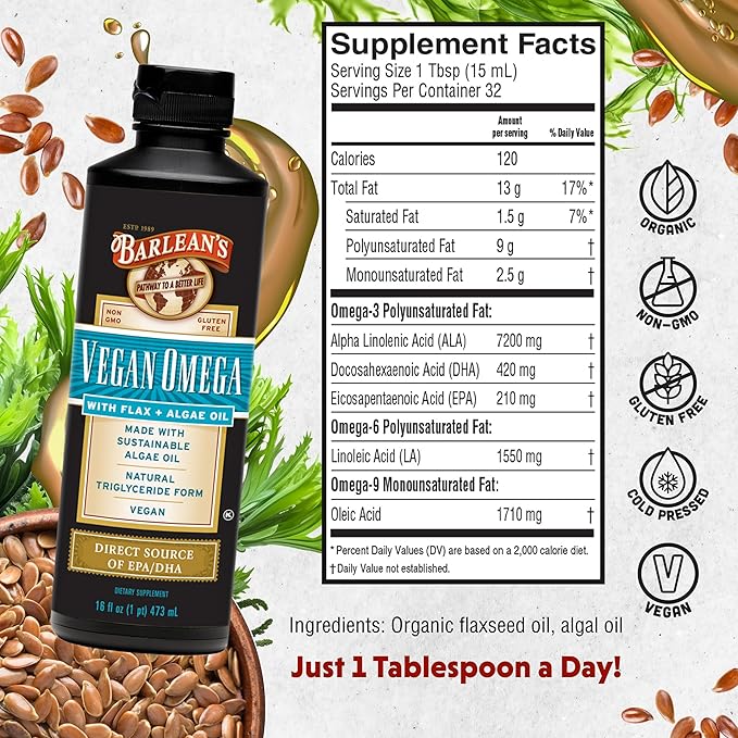 Barlean's Vegan Omega Liquid Flax and Algae Oil Plant Based EPA DHA Supplement from Algal Oil and Organic Flaxseed Omegas 3 6 and 9 Fatty Acid Supplements 16 Ounces