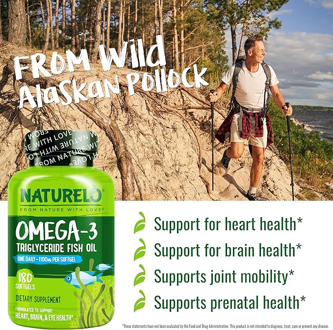 NATURELO Burpless Omega 3 Fish Oil Supplement - 1100mg Triglyceride Omega-3 EPA + DHA for Heart Eye Brain Joint Health - 180 Softgels 6 Months Supply