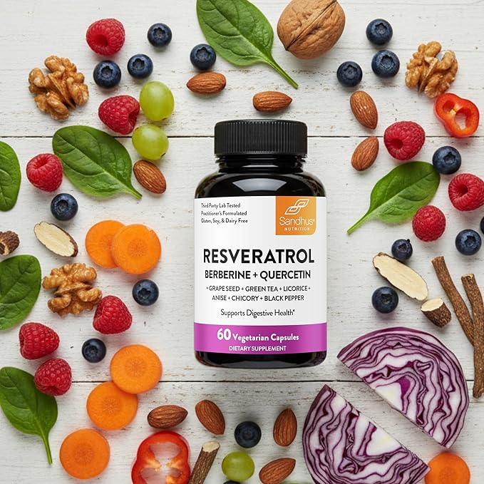 Resveratrol with Berberine Supplement For Gut Health Support | 60 Digestive Capsules For Women &amp Men | With Green Tea Extract Star Anise DGL Grape Seed &amp Quercetin | Helps Ease Bloating &am