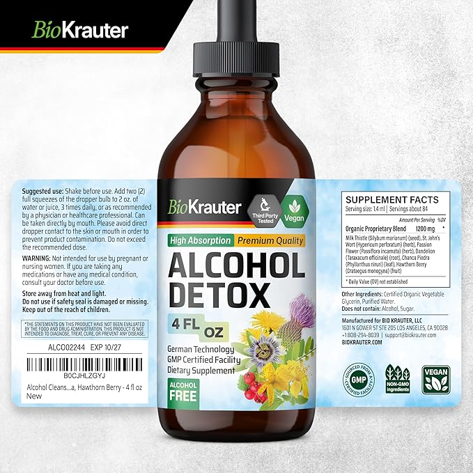 BIO KRAUTER® 6-in-1 Alcohol Detox - Vegan Liver Support Supplement - Milk Thistle Dandelion Root Chanca Piedra Hawthorn Berry 1200 mg per Serving 4 Fl.Oz. 56-Day Supply Alcohol &amp Sugar Free