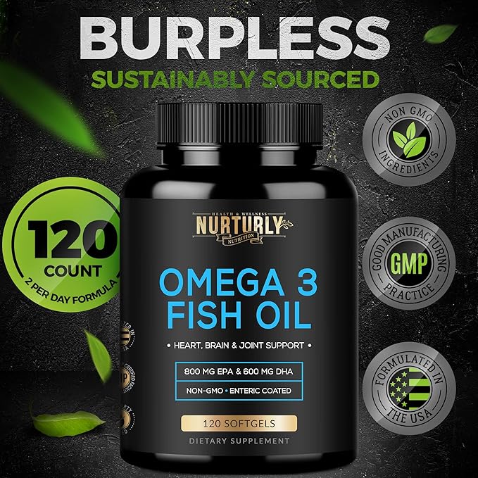 Omega 3 Fish Oil 2000mg 800mg EPA and 600mg DHA - Enteric Coated and Burpless - Supports Brain and Heart - Burpless Non-GMO 3rd Party Lab Tested and NSF Certified - 120 Softgels