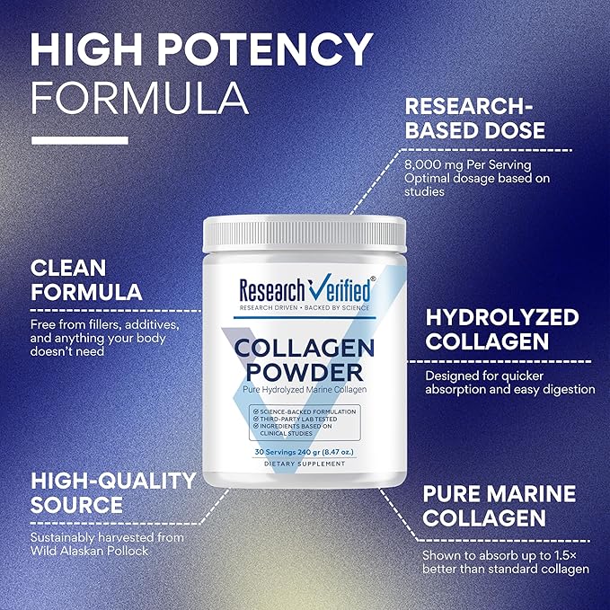 Research Verified® Collagen Powder - Hydrolyzed Marine Collagen Peptides - Unflavored - Skin Hydration and Elasticity Muscle Recovery Non GMO - 30 Scoops Per Container - 3 Month Supply