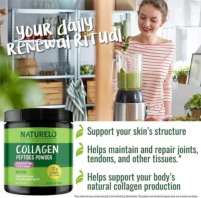 NATURELO Hair Skin and Nails Multivitamin 60 Count Collagen Peptide Powder 45 Servings