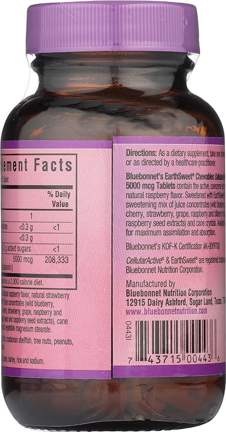 BlueBonnet Nutrition Earth Sweet® Chewables CellularActive® Methylcobalamin Raspberry 5000 mcg 60 Chewable Tablets
