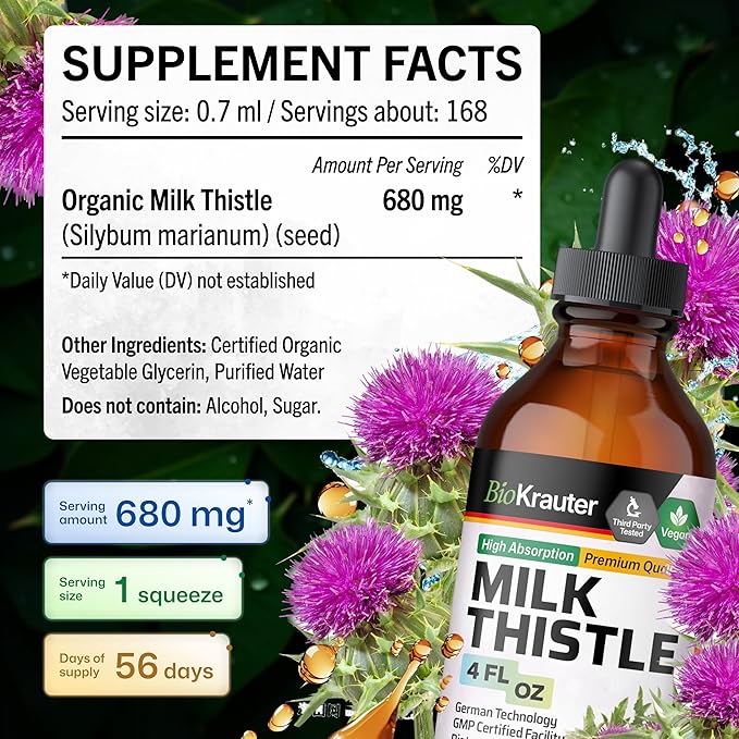 BIO KRAUTER® Milk Thistle Supplement - Liquid Pure Vegan Milk Thistle Extract 680 mg per Serving 4 Fl.Oz 56 Days of Supply - Liver Cleanse &amp Detox Сontains Silymarin - Alcohol &amp Sugar Free