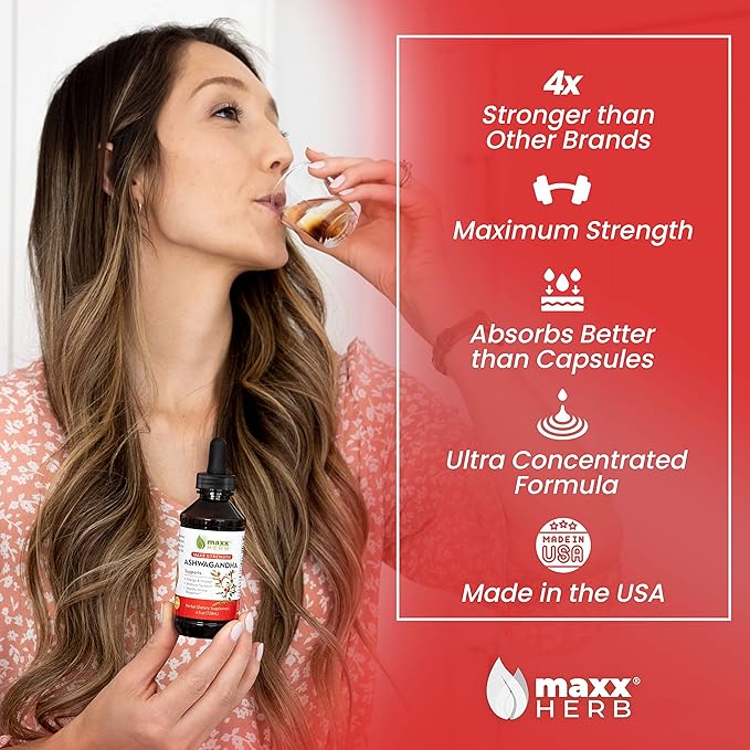 Maxx Herb Ashwagandha Extract – Max Strength Liquid Tincture Absorbs Better Than Capsules or Powder - for Stamina Memory and Immune Support – 4 Bottles 4 Oz Each (240 Servings)