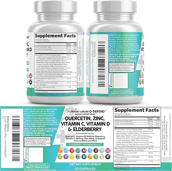 Clean Nutraceuticals Quercetin Zinc Vitamin C Vitamin D Bromelain Elderberry - Lung Immune Support Supplement Adults with Artemisinin Sea Moss Echinacea Allergy Relief (60 Count (Pack of 5))