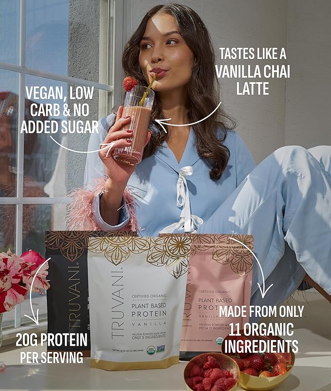 Truvani Vegan Pea Protein Powder | Vanilla Chai | 20g Organic Plant Based Protein | 20 Servings | Keto | Gluten &amp Dairy Free | Low Carb | No Added Sugar