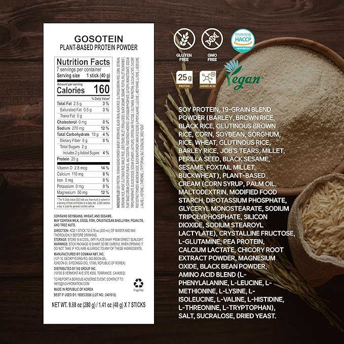 Doctor Developed Gosotein Protein Mix | 19 Grain Vegan Protein | 25g Protein | Easy to Digest | Essential Vitamins | 9 Essential Amino Acids | Muscle Recovery | Roasted Grain Flavor | 7 Count