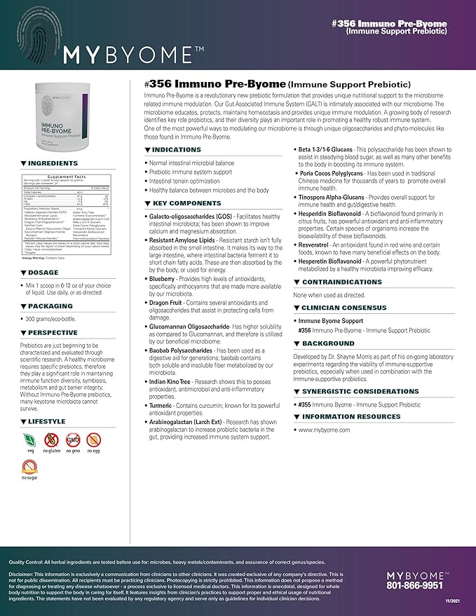 Immuno Pre-Byome Immune Support Prebiotic #356 by Systemic Formulas 300 Gram / 11 Oz.