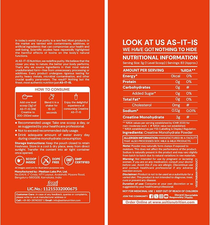 AS-IT-IS Nutrition Creatine Monohydrate 250gms/8.8 Oz | USA Labdoor Certified for Accuracy &amp Purity Preworkout 2.5g Per Serving Free of Fillers and Preservatives