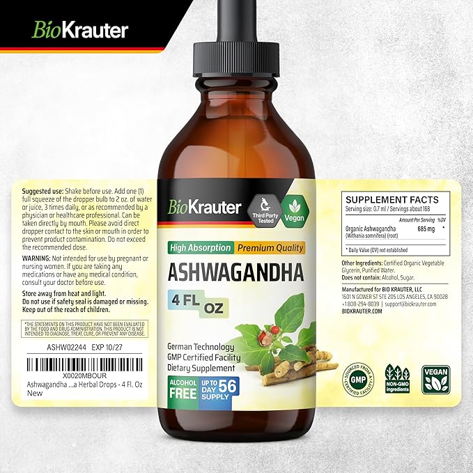 BIO KRAUTER® Ashwagandha Supplements - Liquid Drops Pure Vegan Ashwagandha for Women &amp Men 685 mg per Serving 4 Fl.Oz 56-Day Supply - Used for Mood Magic &amp Relaxation Support - Alcohol &amp S