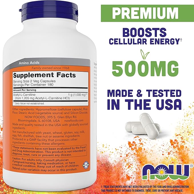 NOW Foods Now Acetyl L Carnitine 500mg 360 Veg Caps (Pack of 2) - Non-GMO ACL 500 mg Capsules Supplement for Men and Women