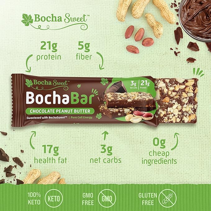 BochaSweet Keto Protein Bar Chocolate Peanut Butter BochaBar 21g Grass Fed Collagen Low Carb Keto-Friendly Gluten Free 4 Count