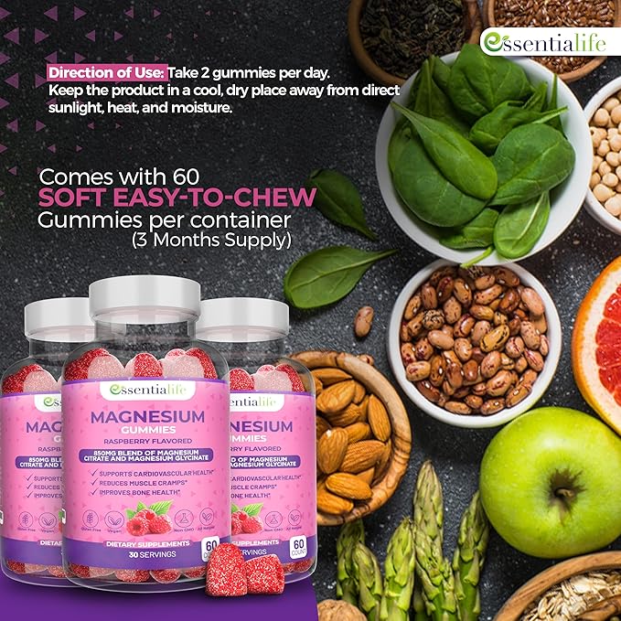 Magnesium Gummies 3 Packs Essentialife 100mg Per Serving - Blend of Magnesium Citrate &amp Magnesium Glycinate - Supports Digestion - Stay Calm &amp Wake Up Energized with Magnesium Supplements for