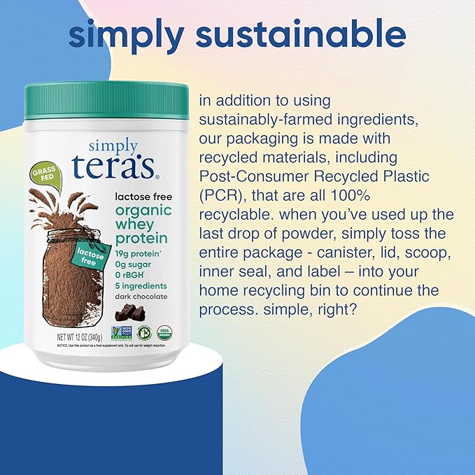 Simply tera's Lactose Free Organic Whey Protein Powder - Lactose Free Dark Chocolate 19g of Protein Per Serving Non-GMO Gluten-Free rBGH-Free Kosher - 12 Oz