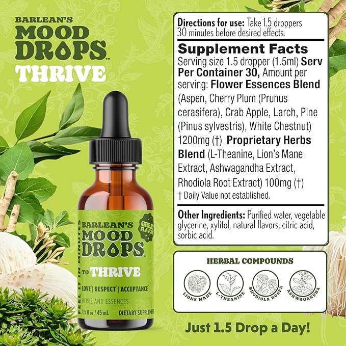 Barlean's Mood Booster Supplement Thrive Liquid Drops Supplements Ashawagandha L Theanine and Lion's Mane Extract Adaptogen Herbs Drops 1.5 oz