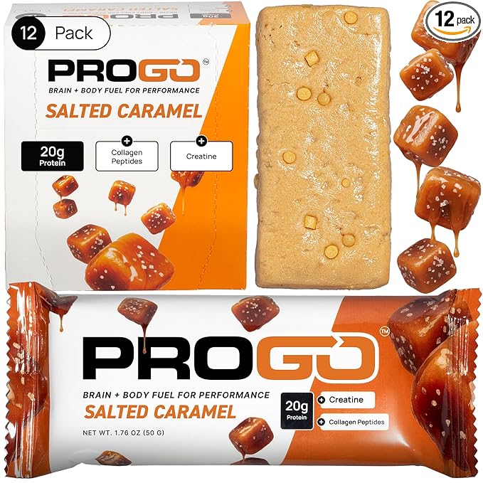 ProGo Protein Bars – Brain + Body Fuel with 20g Clean Protein Creatine &amp Collagen Peptides Made with 95% Pure Isolate Grass-Fed Beef Tallow No Fillers Naturally Sweetened with Honey Gluten-F