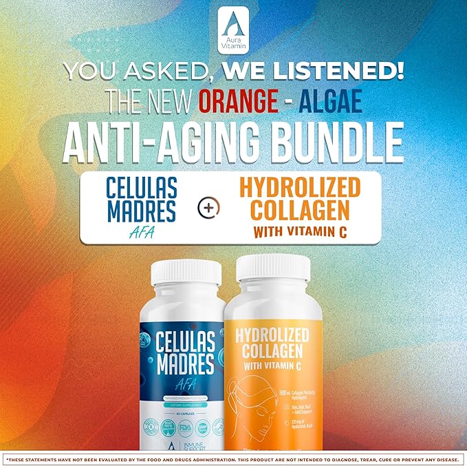 Aura Vitamin Mega Antioxidant Bundle | Hydrolyzed Collagen &amp AFA Stem Cell | Hydrolyzed Collagen with Vitamin C Aphanizomenon Flos-Aquae | Celula Madre Skin Hair and Nail Support – 60 Each Caps