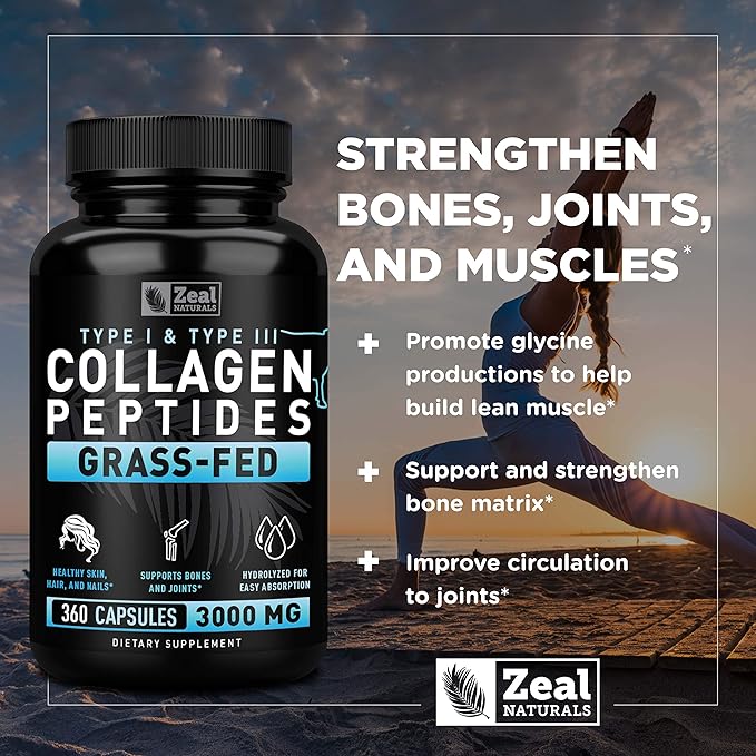 Collagen Peptides Capsules 360 Count - Grass Fed Bovine Hydrolyzed Collagen Pills - Hair Skin &amp Nails Joint Support - Collagen Supplements for Women &amp Men
