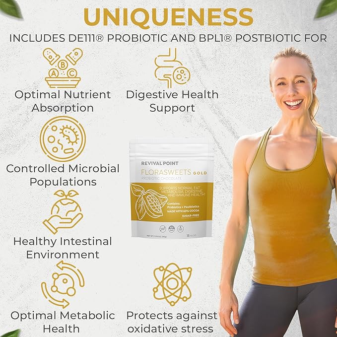 Florasweets Gold Chocolate Bites with Probiotic + Postbiotic Stains DE111 &amp BPL1 - Indivally Wrapped - Supports Digestive &amp Gut Health Bacillus subtilis (6)