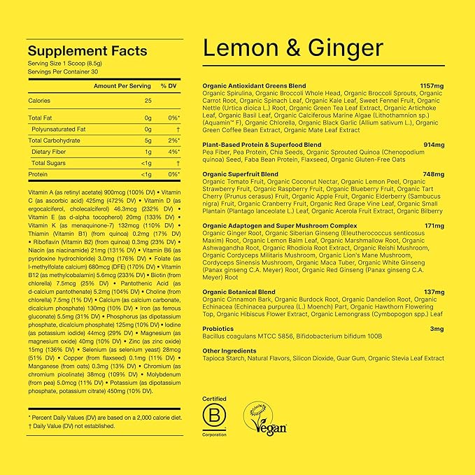 Huel Daily Greens Bundle | Single Serve Lemon and Ginger + Bottle | Superfood Greens Powder | 91 Vitamins Minerals and Wholefood-Sourced Ingredients | 12 Servings | Lockable Lid to Avoid Spills