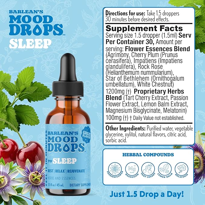 Barlean's Mood Booster Supplement Sleep Liquid Drop Supplement for Men and Women Magnesium and Melatonin Adaptogen Herbs Drops 1.5 oz