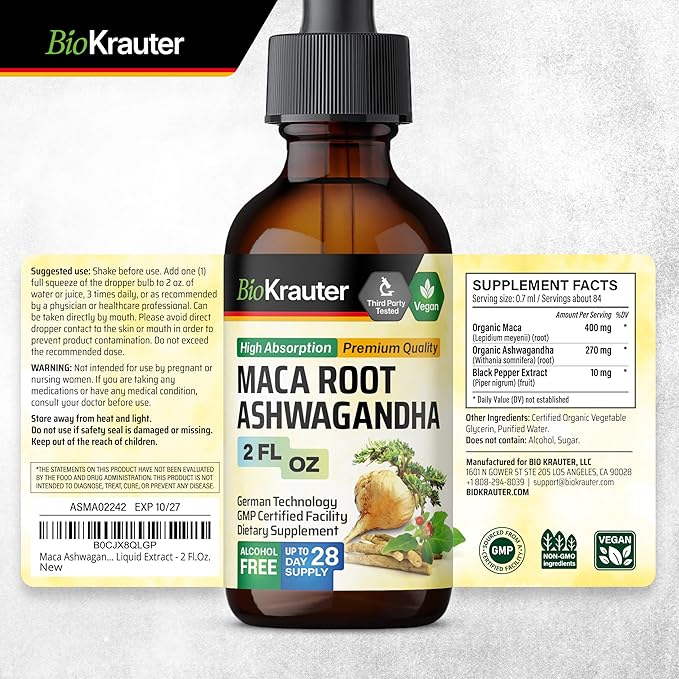 BIO KRAUTER Maca Root Ashwagandha Tincture 2 Fl. Oz. &amp Korean Panax Ginseng Tincture 2 Fl. Oz.