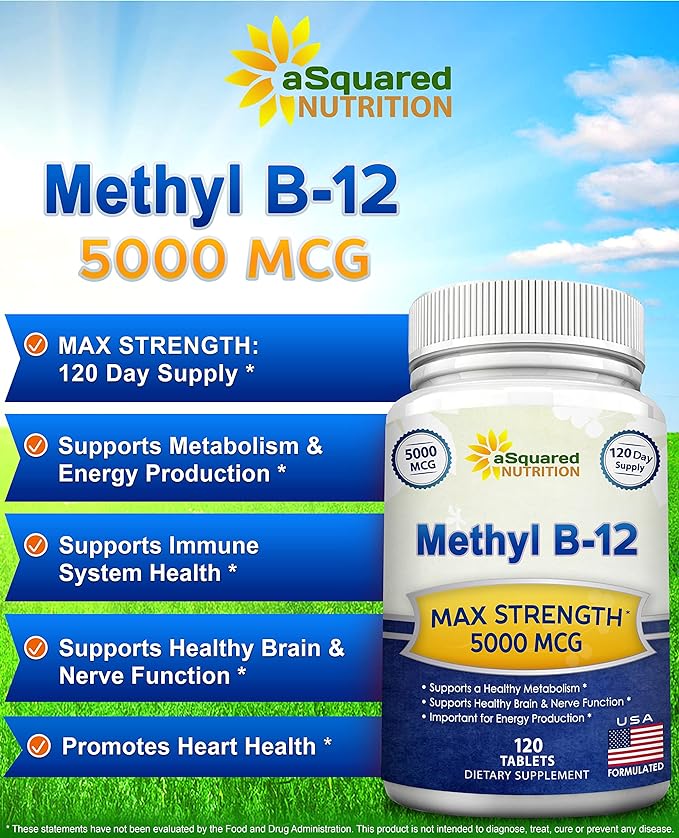 aSquared Nutrition Vitamin B12-5000 MCG Supplement with Methylcobalamin (Methyl B-12) - Max Strength Vitamin B 12 Support to Help Boost Natural Energy Benefit Brain &amp Heart Function - 120 Tablets