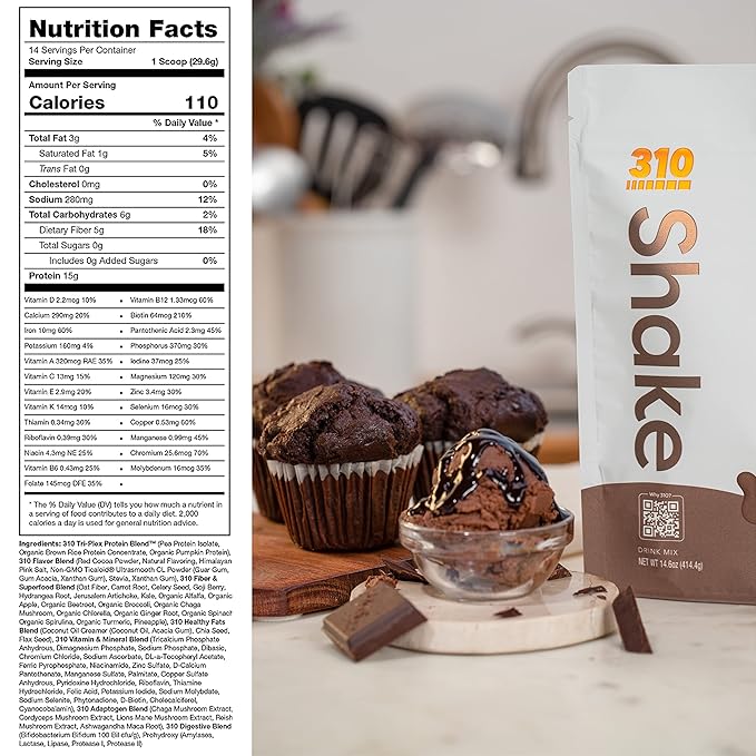 310 Nutrition Meal Replacement Shake Powder Starter Kit with Shaker Cup – Vegan Protein Fiber &amp Superfood Blend – Sugar-Free Low Carb Keto &amp Paleo Friendly – Chocolate Bliss - 14 Servings