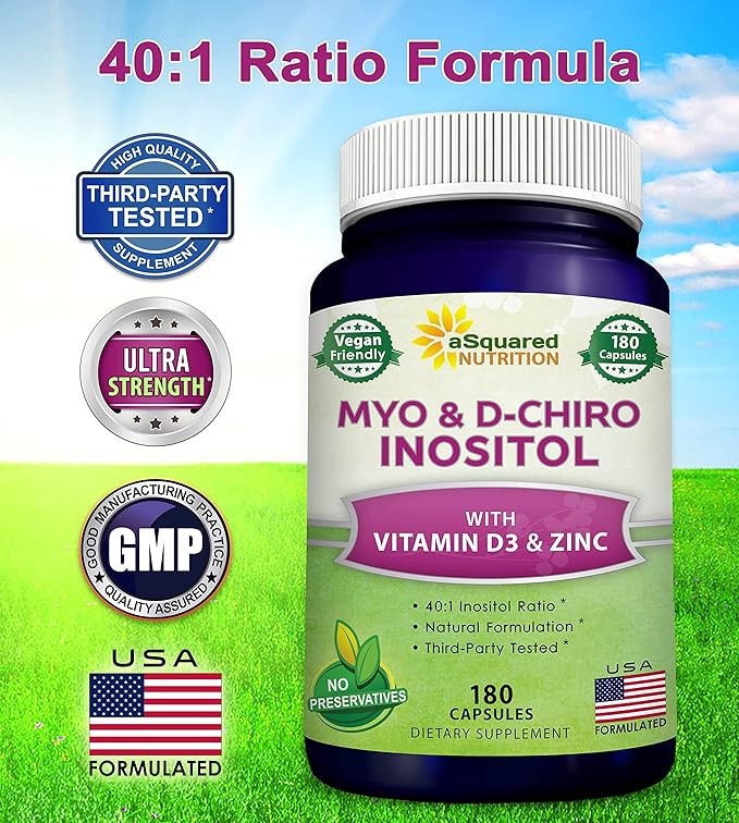 aSquared Nutrition Myo-Inositol &amp D-Chiro Inositol Supplement - 180 Capsules - Plus Vitamin D3 and Zinc - Myo &amp D-Chiro Inositol 40 to 1 Ratio - VIT B8 Complex Pills