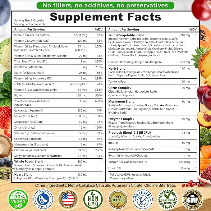 Vegan Whole Food Daily Multivitamin Without Iron Methylated Multivitamin for Women and Men Made with Fruits &amp Vegetables B-Complex Probiotics Enzymes CoQ10 Omegas Turmeric Non-GMO 180 Co