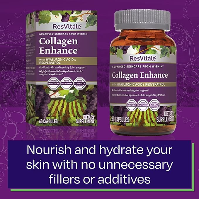 ResVitále Collagen Enhance - Beauty Supplement with Hyaluronic Acid &amp Resveratrol - 60 Capsules