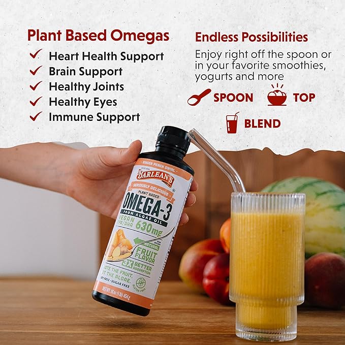 Barlean's Ginger Peach Vegan Omega 3 Supplement Liquid Algae Oil with 630 mg EPA &amp DHA Plant Based Omegas from Algal Oil Non-GMO &amp Gluten Free 16 oz