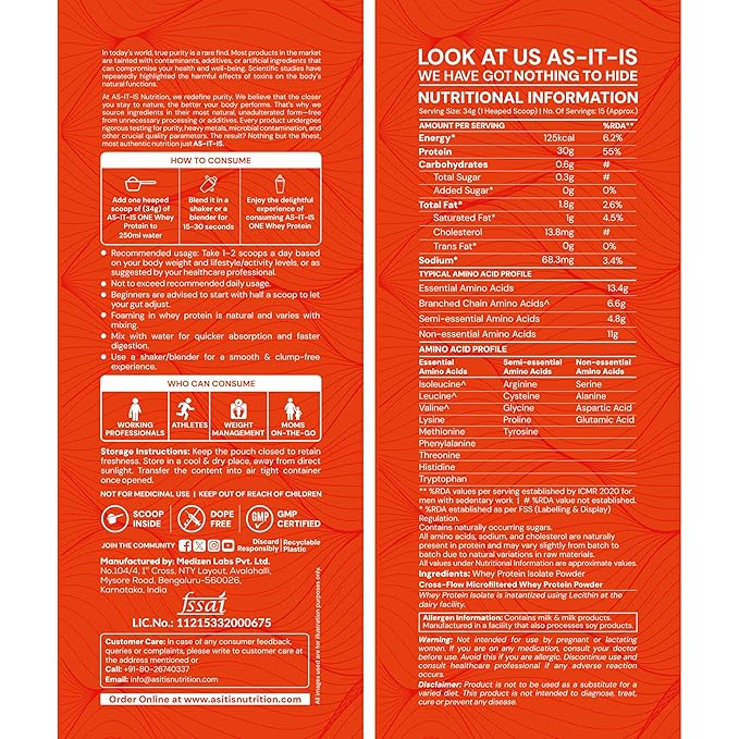 AS-IT-IS Nutrition Whey Protein Isolate 90% - 500 Gms/17.6 Oz | Protein 27g &amp Bcaa 5.9g Per Serving Unflavoured Cross-flow Microfiltered Natural Zero Fat Zero Sugar