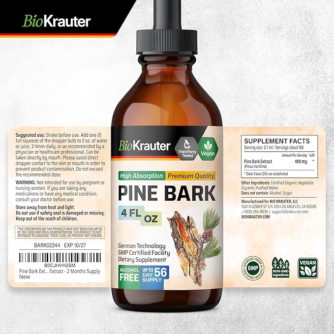 BIO KRAUTER® Pine Bark Extract for Circulatory &amp Antioxidant Support - Vegan French Maritime Pine Bark Herbal Supplements - Natural Antioxidants &amp Skin Support - 400 mg per Serving 4 Fl. Oz.