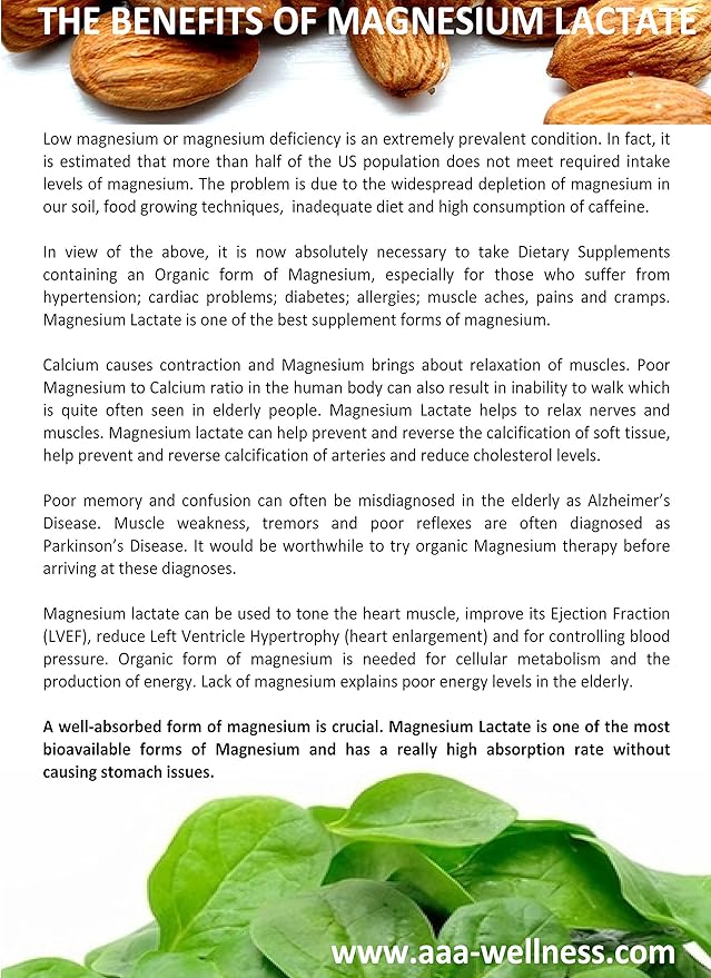 Magnesium Lactate 500 mg 120 Easy to Swallow Small Vegetarian Capsules. Doctor formulated. High Absorption. Recycled Eco-Friendly Paper Bags for Original Purchases or Bottle Refills. Made in USA.
