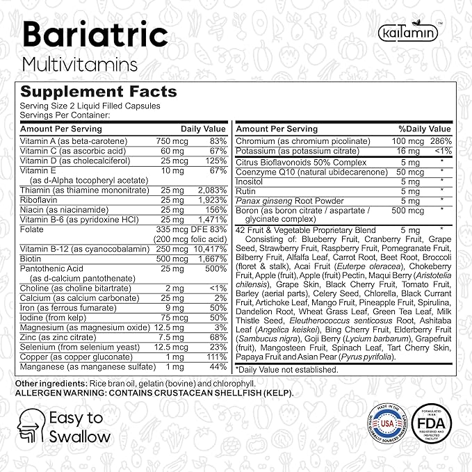 Bariatric Multivitamin with Iron - Easy-to-Swallow Capsule for Post Bariatric Surgery - Post Sleeve and Post Bypass with 42 Fruit &amp Veggies Blend - 60 + 120 Liquid Capsules