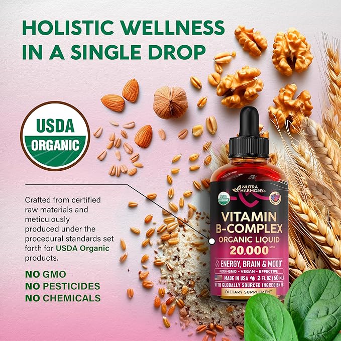 USDA Organic Vitamin B-Complex B5 Pantothenic Acid | B12 Methylcobalamin | B1 Thiamine | B6 Pyridoxine | B7 Biotin | B9 Folic | B3 Niacinamide - B Complex Liquid Drops Made in USA Supplement 2fl oz
