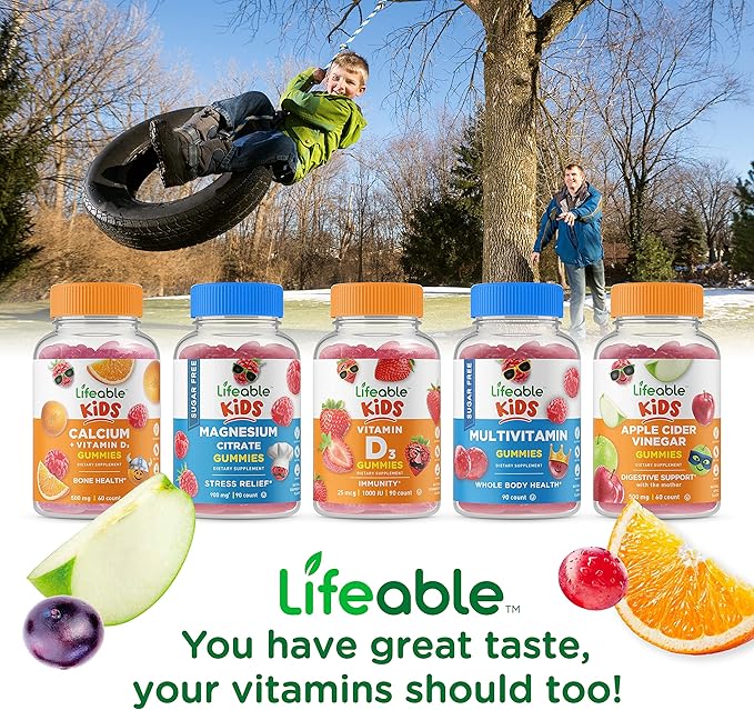 Lifeable Calcium Magnesium &amp Zinc Kids + Turmeric Curcumin Kids Gummies Bundle - Great Tasting Vitamin Supplement Gluten Free GMO Free Chewable Gummy