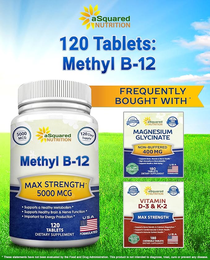 aSquared Nutrition Vitamin B12-5000 MCG Supplement with Methylcobalamin (Methyl B-12) - Max Strength Vitamin B 12 Support to Help Boost Natural Energy Benefit Brain &amp Heart Function - 120 Tablets
