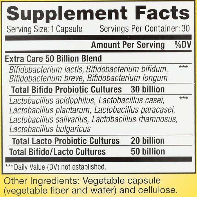 Renew Life Extra Care Digestive Probiotic Capsules 50 Billion CFU Guaranteed Daily Supplement Supports Immune Digestive Respiratory Health(1) L. Rhamnosus GG Dairy Soy and Gluten-Free 30 Count