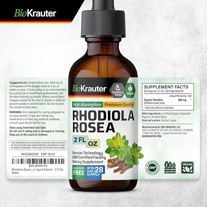BIO KRAUTER® Rhodiola Rosea for Calm &amp Sleep Support - Vegan Rhodiola Rosea Supplement for Mood Support - Natural Calm Drops for Relaxation 2 Fl.Oz 28-Day Supply Alcohol &amp Sugar Free