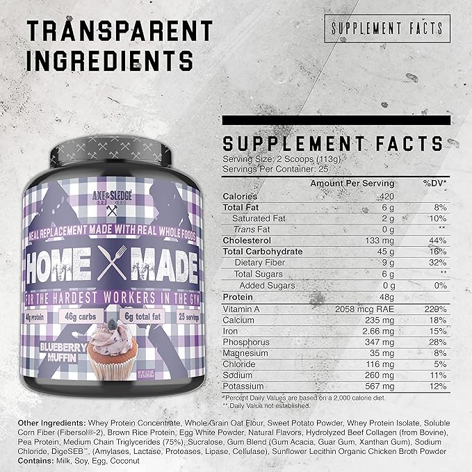 Axe &amp Sledge Supplements Home Made Whole-Foods-Based Meal Replacement Powder with Digestive Enzymes Protein Carbohydrates and Fats 25 Servings Blueberry Muffin